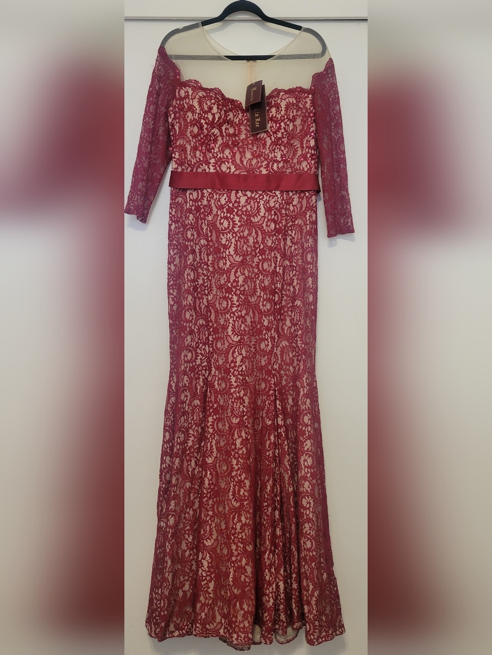 Leoni Lee Burgundy Lace Maxi Dress Illusion Neck Mermaid Formal Gown Size Large